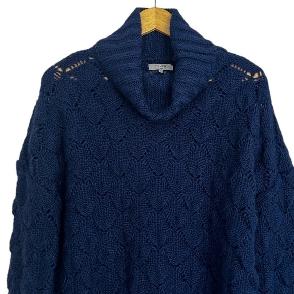 NEW FRNCH Bubble Stitch Open Knit Oversized Turtleneck Sweater Navy Blue - Picture 3 of 4